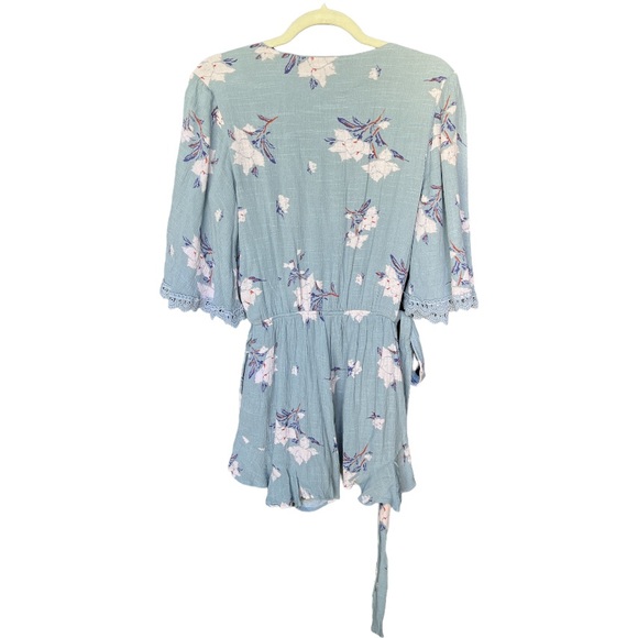 Cloud Chaser Gray Teal Floral V-neck Romper Crochet Detail with Tie Waist - Picture 2 of 9